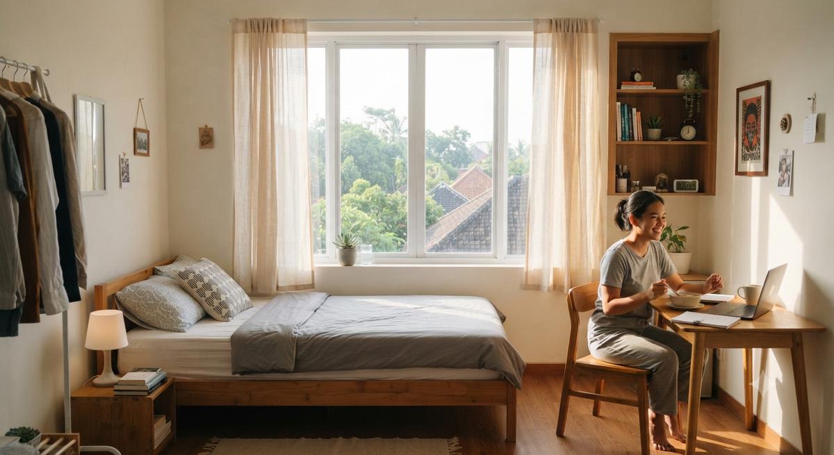 Desain Kamar Kos yang Bikin Penghuninya Bangun Pagi yang Cocok untuk Pekerja dan Mahasiswa yang Sering Kesiangan Model dengan Tempat Tidur Menghadap Jendela