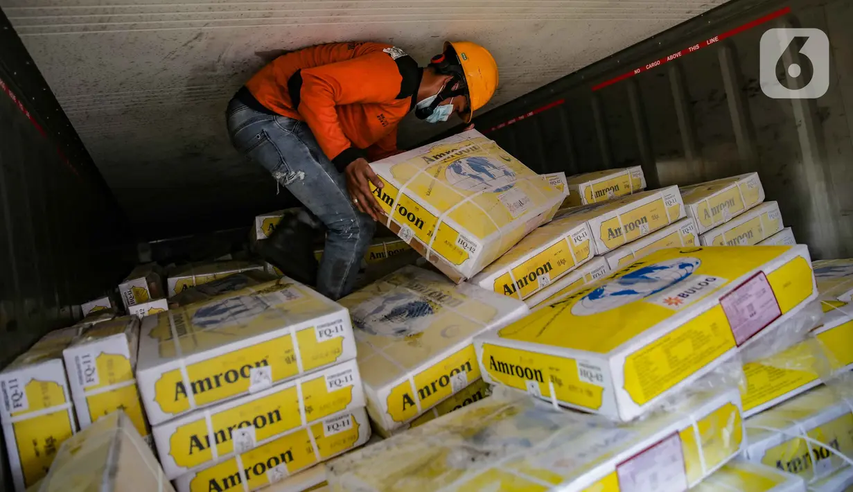 Petugas merapikan daging kerbau impor di Terminal Petikemas Tanjung Priok, Jakarta, Kamis (14/4/2022). Adapun kontrak impor daging kerbau tahap pertama sebanyak 20ribu ton sudah terealisasi pada akhir Maret dan pada tahap kedua diperkirakan akan tiba sebanyak 36ribu ton. (Liputan6.com/Faizal Fanani)