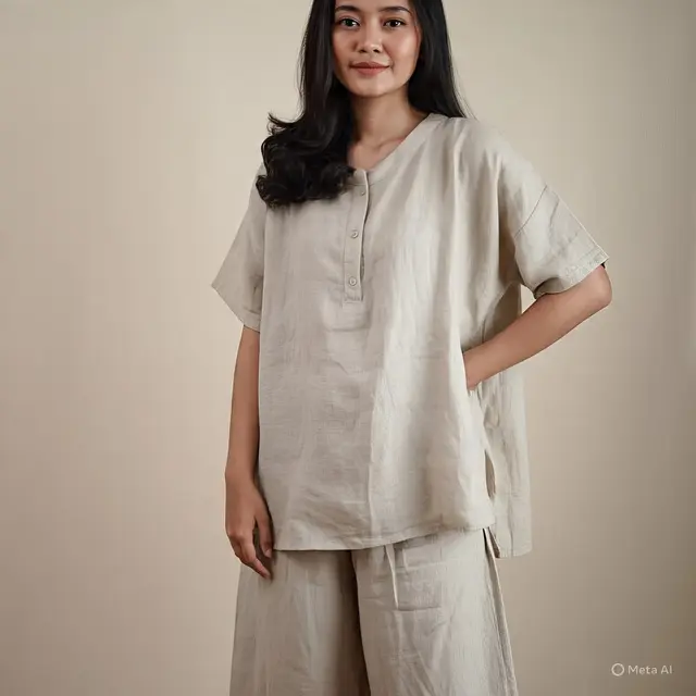 1. Tunik Linen Dipadukan Celana Kulot