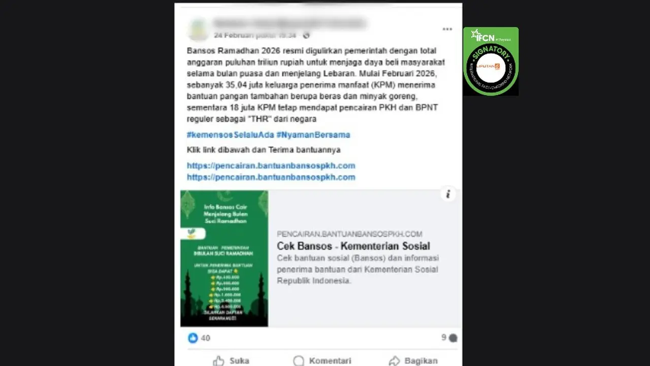 Cek Fakta Liputan6.com mendapati klaim tautan atau link pendaftaran untuk menerima bantuan sosial (bansos) Ramadan 2026.