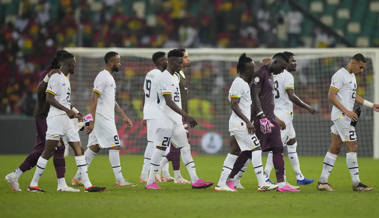 Ghana tampil penuh kejutan saat Piala Dunia 2022. Mereka mampu menyulitkan Portugal dan mengalahkan Korea Selatan. Namun, hal itu berbanding terbalik saat Piala Afrika 2023. Ghana tak mampu meraih satu kali pun kemenangan di fase grup. (AP Photo/Sunday Alamba)