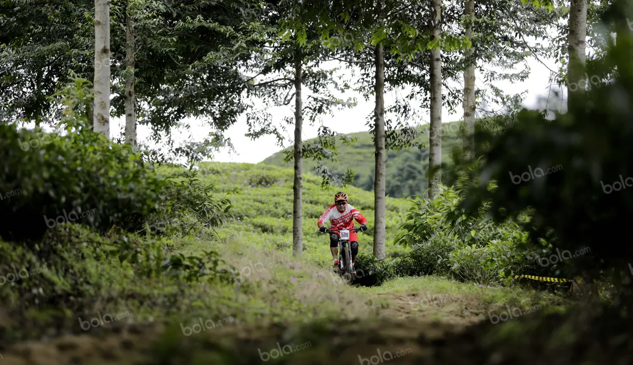 Seorang pebalap beraksi dalam Indonesian Enduro Series di KTH Bike Park, Puncak, Bogor, (29/5/2016). Ini adalah kompetisi enduro sepeda gunung pertama di Indonesia. (Bola.com/Arief Bagus)