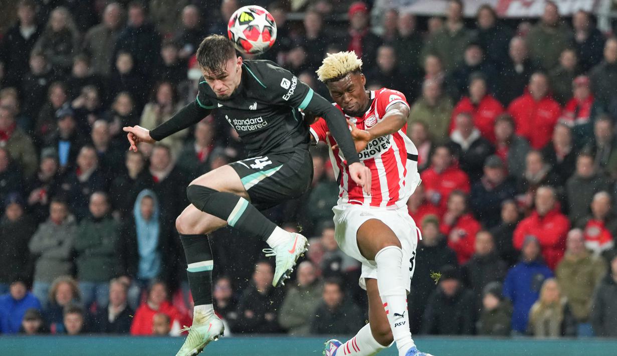 Tiga gol PSV dicetak Johan Bakayoko, Ismael Saibari dan Ricardo Pepi. Sementara Liverpool mendapat gol melalui penalti Cody Gakpo dan Harvey Elliot. (AP Photo/Peter Dejong)