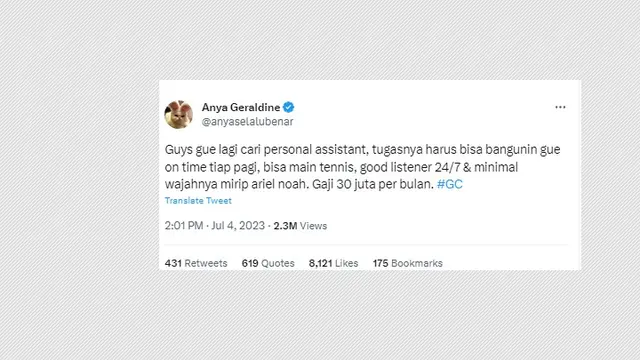 Anya Geraldine Cari Asisten Pribadi Digaji Rp30 Juta per Bulan, Syaratnya Minimal Mirip Ariel NOAH