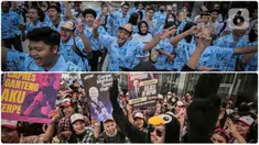 Foto kombinasi pendukung calon presiden dan calon wakil presiden nomor urut 02 Prabowo Subianto dan Gibran Rakabuming Raka (atas) serta pendukung calon presiden dan calon wakil presiden nomor urut 03 Ganjar Pranowo dan Mahfud MD (bawah) meneriakkan yel-yel untuk memberikan dukungan jelang Debat Keempat Pilpres 2024 di Jakarta Convention Center (JCC), Jakarta, Minggu (21/1/2024). (Liputan6.com/Angga Yuniar)