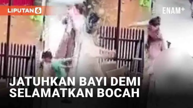 CCTV merekam momen naluri keibuan yang tengah diuji. Ia yang tengah menggendong bayi dikejutkan dengan bocah yang tiba-tiba nyemplung ke sungai. Tak diduga, ibu itu melepaskan sang bayi ke tanah dan nyemplung demi selamatkan bocah.