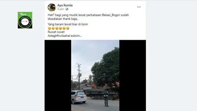 Cek Fakta Liputan6.com menelusuri klaim video tank diterjunkan untuk menyekat jalur mudik perbatasan Bekasi-Bogor