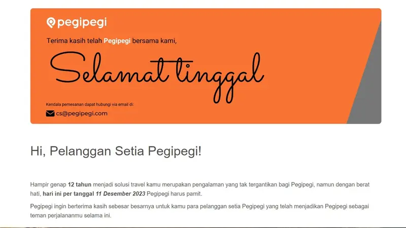 Pegipegi mengucapkan selamat tinggal, perusahaan memutuskan tutup layanan per 11 Desember 2023