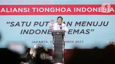 Calon presiden nomor urut 2 Prabowo Subianto menghadiri Silaturahmi dan Gala Dinner Aliansi Tionghoa Indonesia “Satu Putaran Menuju Indonesia Emas” di Jakarta, Selasa (19/12/2023). (Liputan6.com/Faizal Fanani)