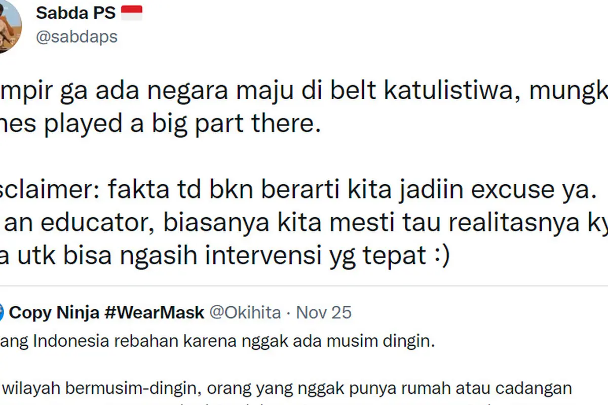 Tweet Sabda PS dan Okihita terkait cuaca dan kemajuan suatu negara (Twitter).