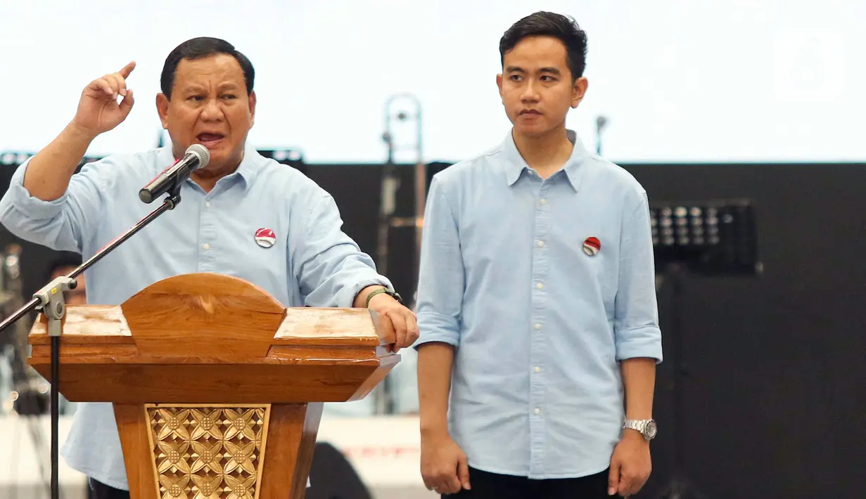 Dalam pidatonya, Prabowo memuji Gibran dan meyakinkan bahwa pilihannya terhadap Gibran sebagai calon wakil presiden tidak salah. (Liputan6.com/Herman Zakharia)