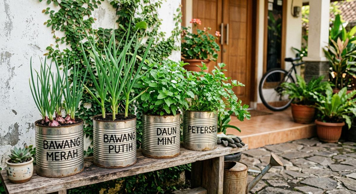 Inspirasi Berkebun Hemat Tanpa Membeli Pot Tanaman Kaleng untuk Bawang, Daun Mint dan Peterseli