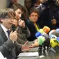 Mantan Pemimpin Catalonia, Carles Puigdemont, dalam konferensi pers di Brussels pada Selasa, 31 Oktober 2017. (AP Photo/Olivier Matthys)