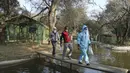 Dokter berjalan setelah mengumpulkan penyeka dari bebek di taman Manda di Jammu, India (7/1/2021). Pemerintah federal telah mengeluarkan status "kewaspadaan tinggi", dan meminta negara bagian untuk mengambil tindakan mendesak dalam rangka mencegah penyebaran. (AP Photo/Channi Anand)