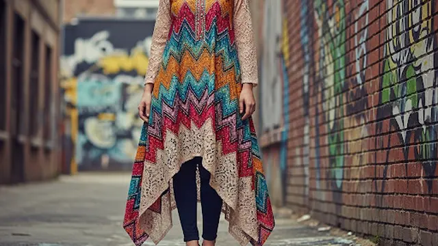 Tunik Batik Asimetris dengan Tenun dan Aksen Zigzag