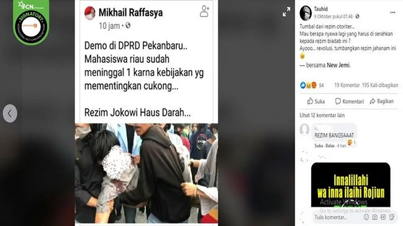 Gambar Tangkapan Layar Kabar Hoaks tentang Mahasiswa Tewas Usai Demo Tolak Omnibus Law di Pekanbaru (sumber: Facebook)