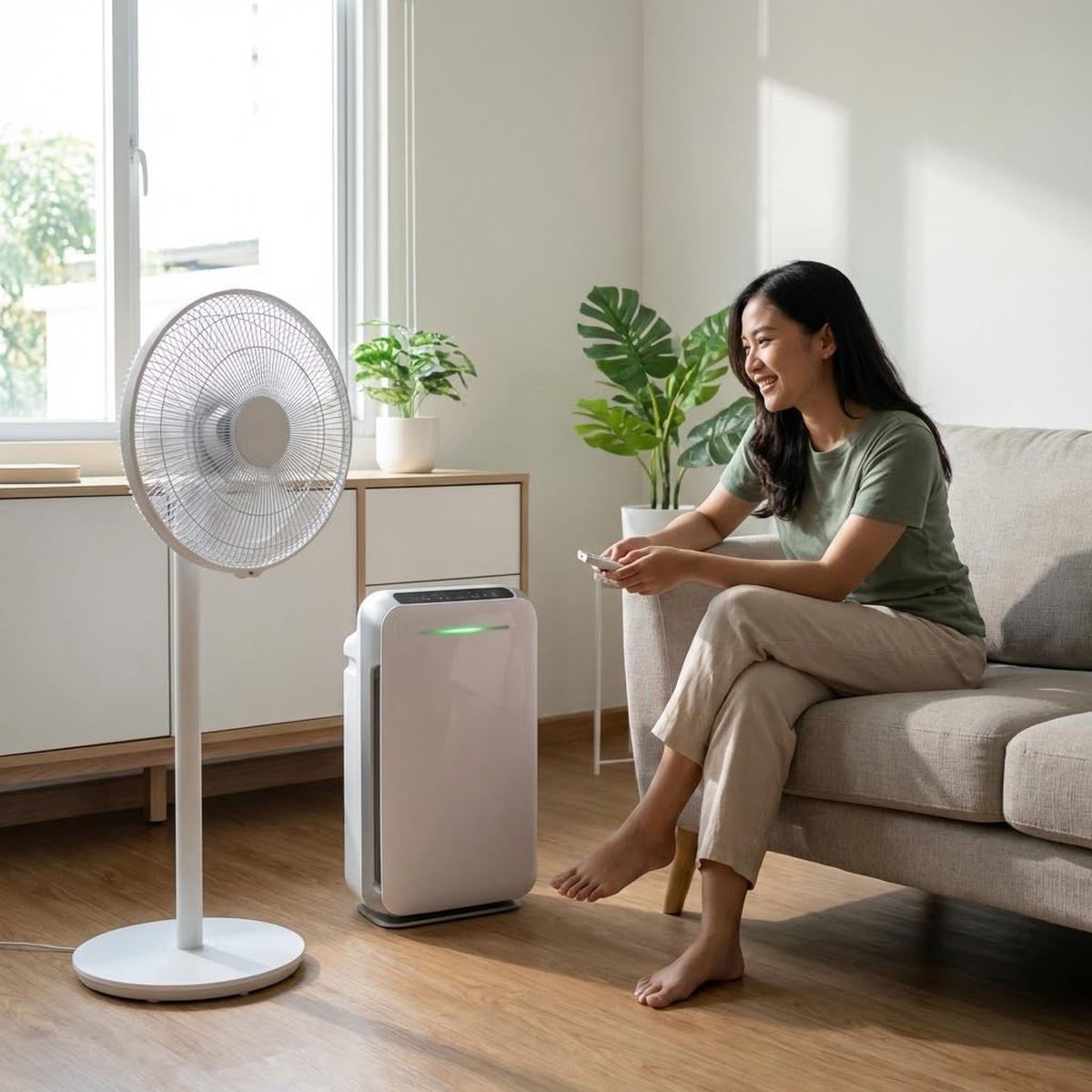 Mengurangi debu kipas angin dengan Pemasangan Filter Udara (Air Purifier) dekat kipas (Gemini AI)