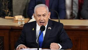 PM Israel Benjamin Netanyahu saat memberikan pidato di hadapan Kongres Amerika Serikat (AS) pada Rabu (24/7/2024). (Dok. AP Photo/Julia Nikhinson)