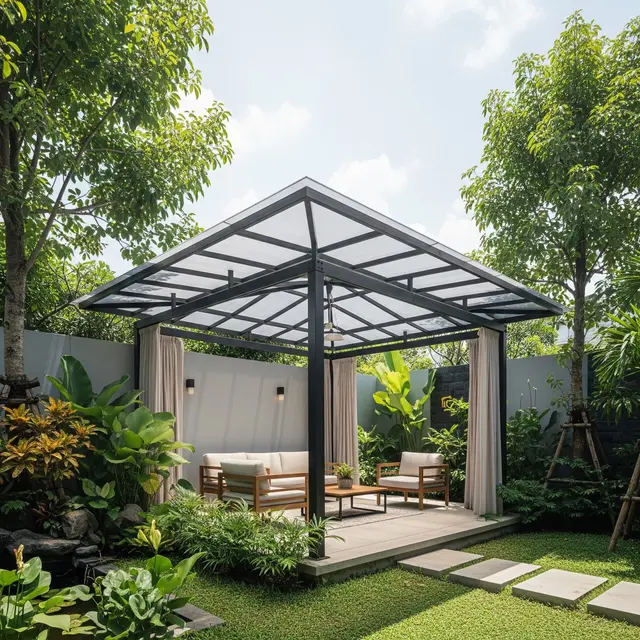 Desain Gazebo dengan Atap Transparan Agar Tetap Terang di Siang Hari (AI)
