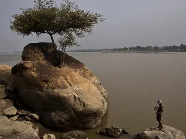 Seorang nelayan berdiri di atas batu dan menangkap ikan di sungai Brahmaputra di desa Kasoshila di pinggiran Gauhati, India (21/10/2019). Brahmaputra adalah salah satu sungai terbesar di Asia, yang melewati wilayah Tibet China, India, dan Bangladesh sebelum konvergen ke Teluk Benggala. (AP Photo/Anu
