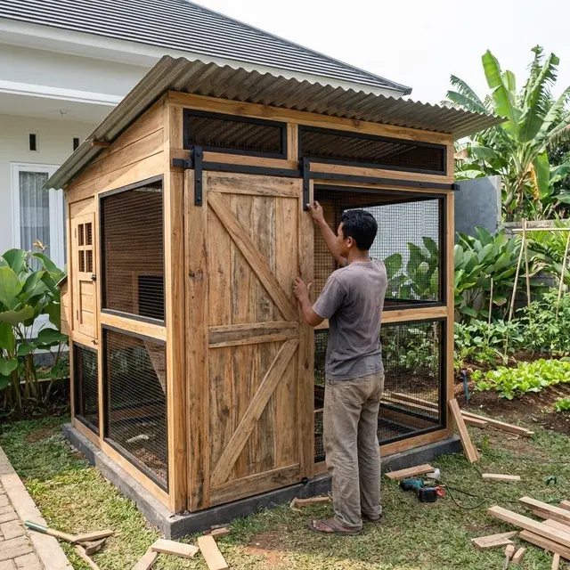 Kandang dengan Pintu Barn Geser (Sliding Door) (Gemini AI)