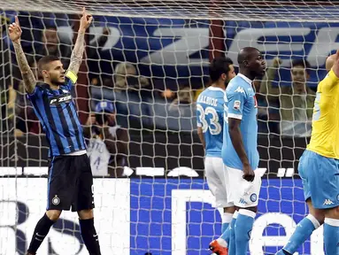 Mauro Icardi tampil gemilang dengan mencetak satu gol dan assist saat membawa Inter Milan menang 2-0 atas Napoli pada pertandingan lanjutan Serie A Italia di Stadion Giuseppe Meazza, Milan, Minggu (17/4/2016) dini hari WIB. (Reuters/Alessandro Garofalo)