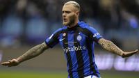 Pemain Inter Milan, Federico Dimarco melakukan selebrasi setelah mencetak gol pertama timnya ke gawang AC Milan saat laga Piala Super Italia 2022/2023 yang berlangsung di Stadion Internasional King Fahd, Riyadh, Arab Saudi, pada Kamis (19/1/2023) dini hari WIB.&nbsp;(AP Photo/Hussein Malla)