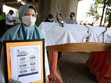 Petugas dari Kecamatan Cilandak membawa peti mati di kawasan fatmawati, Jakarta, Rabu (26/8/2020). Kegiatan tersebut untuk mesosialisasikan bahaya COVID-19 yang dapat menyebabkan kematian. (Liputan6.com/Faizal Fanani)