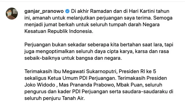 Pernyataan sikap Ganjar Pranowo. (Foto: Dok. Instagram @ganjar_pranowo)