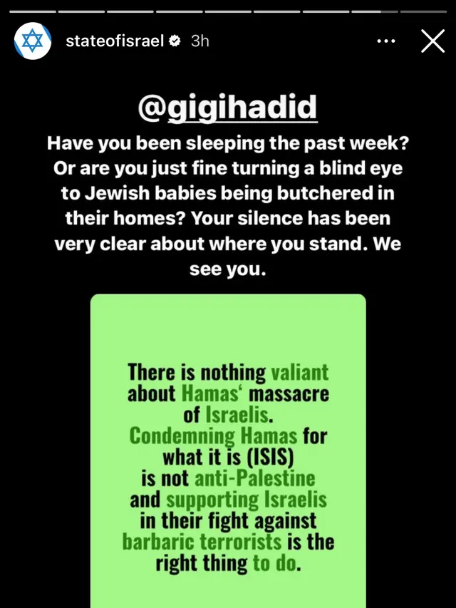 Unggahan Instagram @stateofisrael, menanggapi postingan Gigi Hadid.