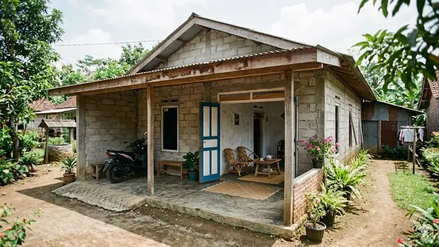 Rumah 1 Lantai Biaya Rp50 Juta di Desa dengan Garasi Motor dan Ruang Tamu Nyaman