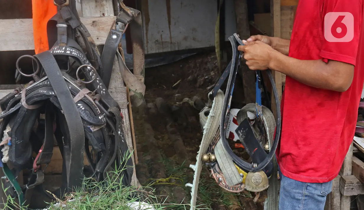 Pekerja mempersiapkan perlengkapan delman di kampung delman kawasan Menteng Dalam, Jakarta, Senin (27/9/2021). Pekerja yang memilih bertahan dan tidak pulang kampung menaruh harapan agar PPKM segera selesai. (Liputan6.com/Herman Zakharia)