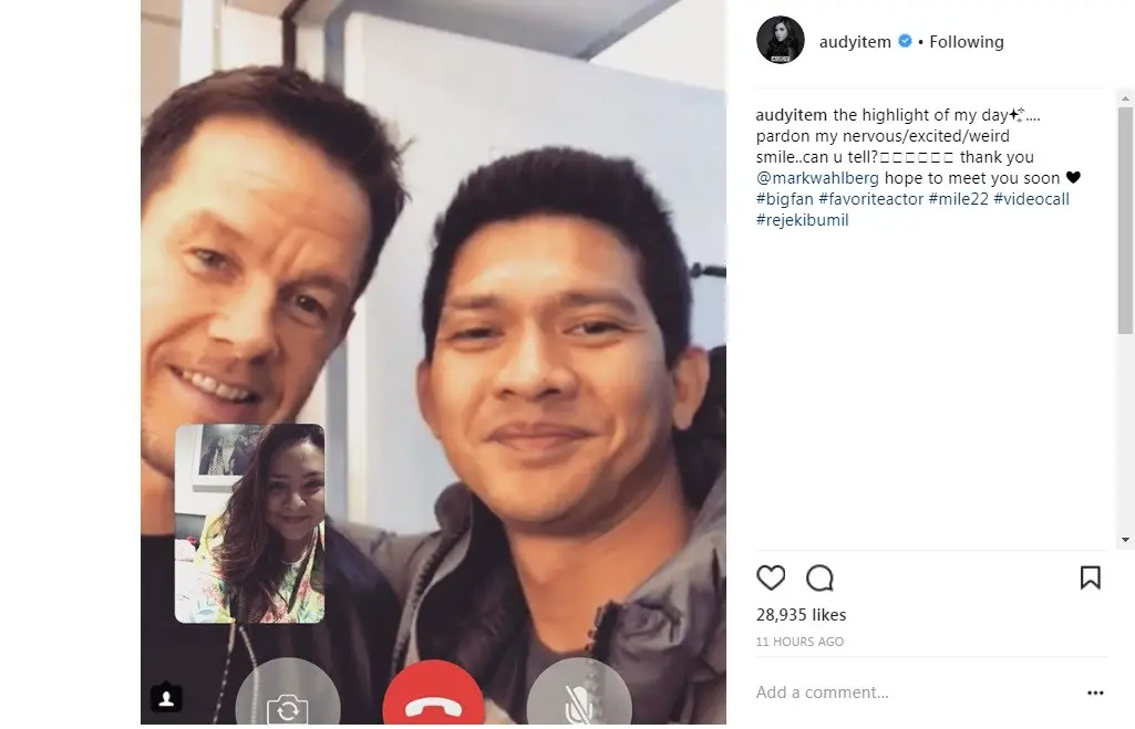 Audy Item deg-degan video call dengan Mark Wahlberg (Foto: Instagram)