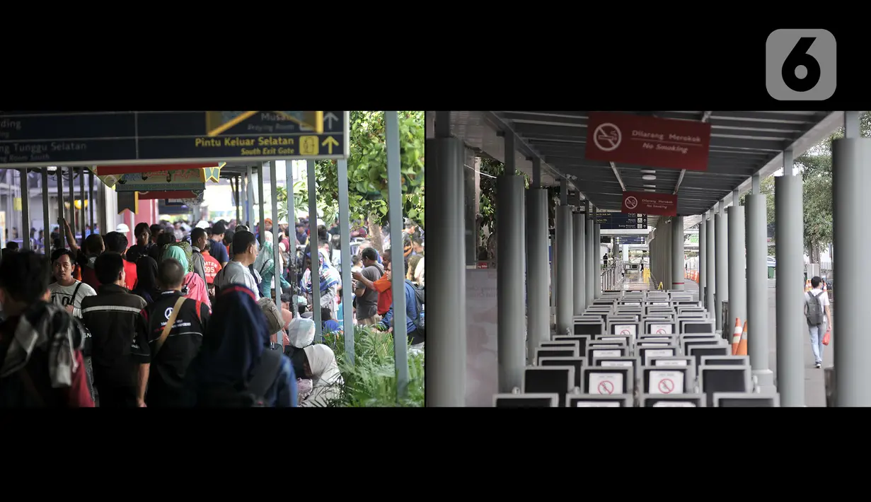 Foto kombo menunjukkan suasana arus mudik H-2 Idul Fitri 2019 (kiri) dan H-2 Idul Fitri 2020 (kanan) di Stasiun Pasar Senen, Jakarta, Jumat (22/5/2020). Larangan mudik bagi warga Jakarta karena pandemi COVID-19 menyebabkan pemandangan kontras di Stasiun Pasar Senen. (merdeka.com/Iqbal S. Nugroho)