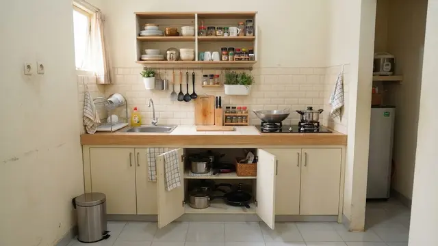 Dapur Linear 1,5 Meter dengan Rak Dinding Terbuka