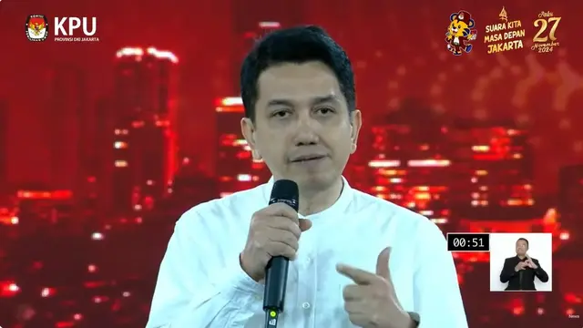 Cawagub Jakarta nomor urut 2 Kun Wardana dalam debat perdana Pilkada Jakarta 2024, Minggu (6/10/2024) di JIExpo Kemayoran, Jakarta Pusat.