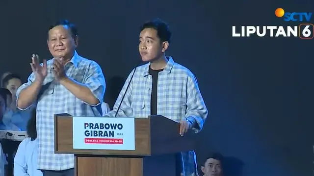 Capres dan Cawapres nomor urut 02 Prabowo Subianto-Gibran Rakabuming Raka saat pidato dan deklarasi kemenangan hasil sementara quick count Pemilu 2024 di Istora Senayan, Rabu (14/2/2024).