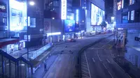 Seorang perempuan berdiri di jalan kosong yang biasanya dipenuhi pembeli di Causeway Bay, sebuah distrik perbelanjaan terkenal di Hong Kong pada 10 Maret 2022. Lampu neon Hong Kong masih menyala, tetapi COVID-19 telah mematikan banyak aktivitas kota yang biasa berenergi. (AP Photo/Vincent Yu)