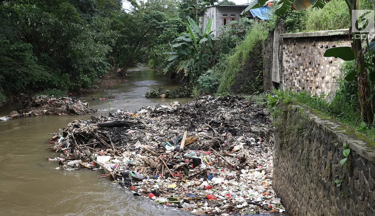 Sampah menumpuk dan menutupi sebagian aliran Kali Baru di kawasan Cibinong, Bogor, Jawa Barat, Senin (11/3). Perilaku buruk warga yang membuang sampah sembarangan menyebabkan kondisi kali dipenuhi sampah rumah tangga. (Liputan6.com/Immanuel Antonius)