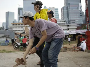 Warga melatih merpati kolongan di kawasan Menteng Pulo Jakarta, Minggu (4/3). Mereka memanfaatkan lahan kosong diantara gedung-gedung di ibukota Jakarta. (Liputan6.com/Faizal Fanani)