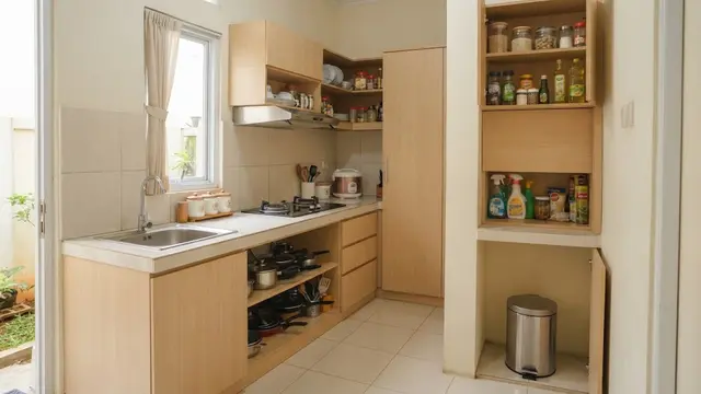 Desain dapur rumah subsidi dengan ruang terbatas yang anti bau dan tidak becek model dapur dengan penyimpanan tertutup