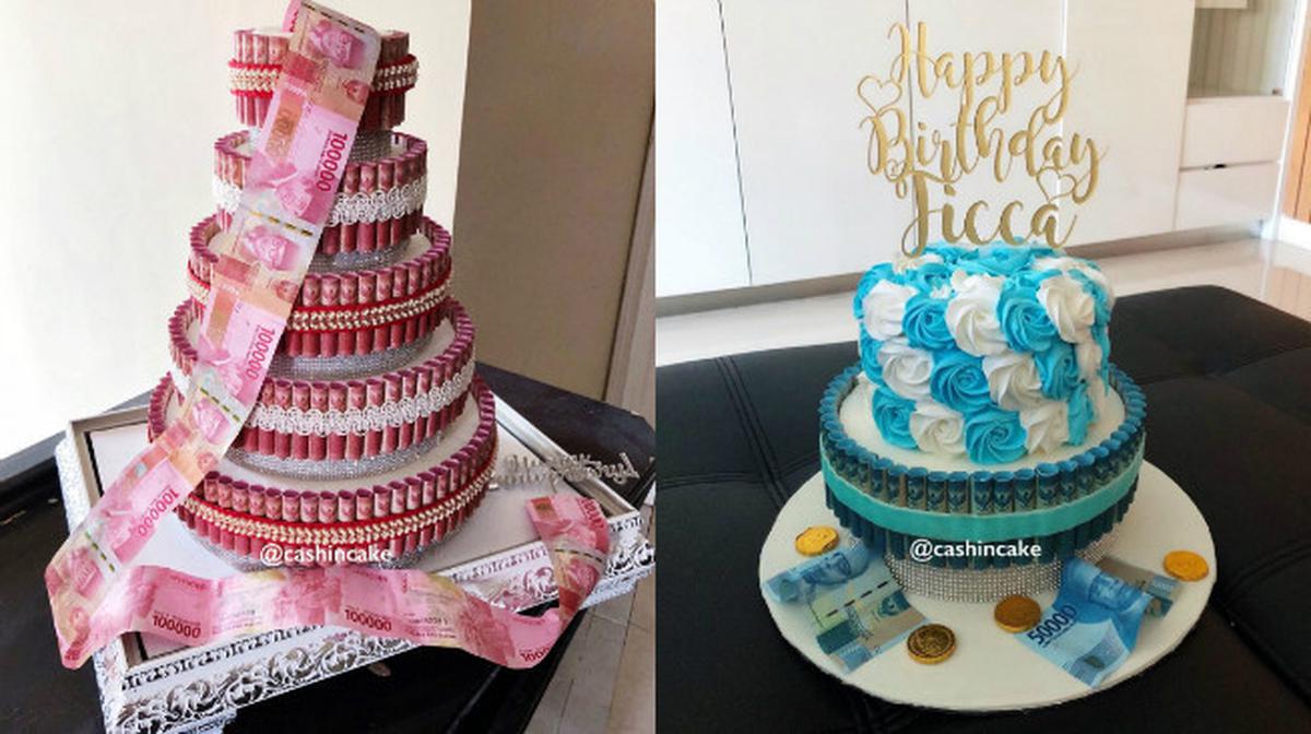 Money cake, kue ulang tahun bertema uang.