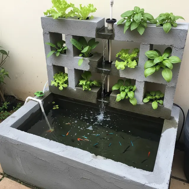 Kolam Ikan Semen Mini dengan Kebun Sayur Vertikal (Gemini AI)