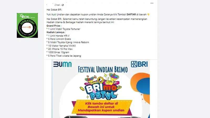Tangkapan layar klaim pendaftaran festival undian berhadiah BRIMO dari BRI