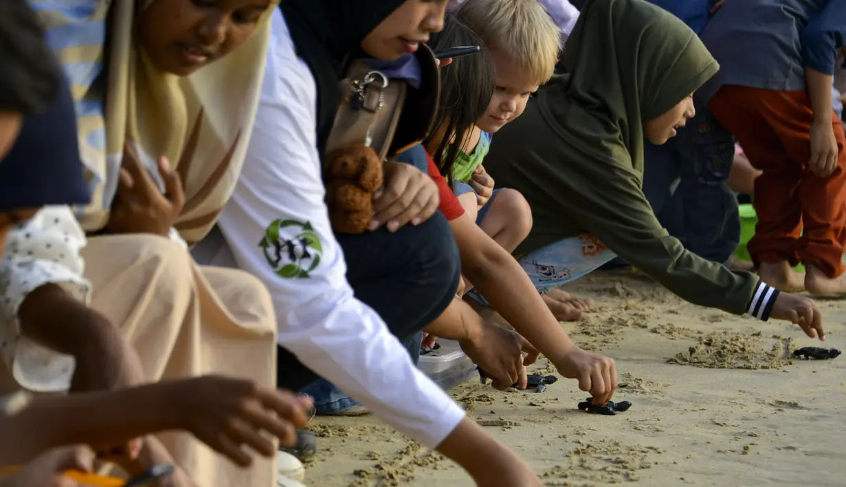 Anak-anak melepaskan bayi tukik penyu ke laut saat matahari terbenam di pantai Lhoknga provinsi Aceh (31/1/2020). Pelepasan bayi tukik penyu tersebut wujud kepedulian terhadap lingkungan. (AFP Photo/Chaideer Mahyuddin)
