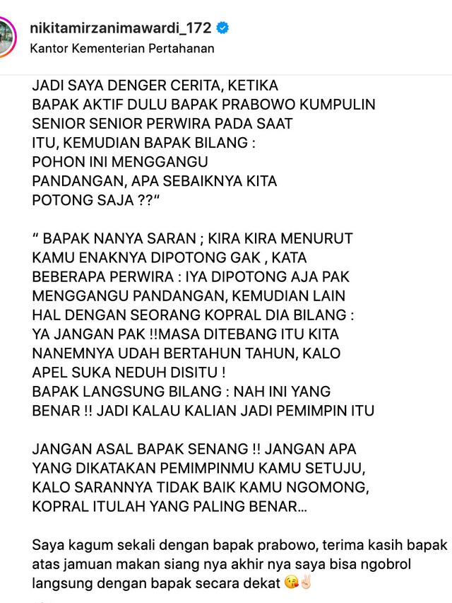 Unggahan Nikita Mirzani soal Prabowo. (Foto: Dok. Instagram @nikitamirzanimawardi_172)