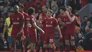 Penyerang Liverpool, Diogo Jota (tengah) berselebrasi dengan rekan setimnya setelah mencetak gol ke gawang Nottingham Forest pada pertandingan lanjutan Liga Inggris di Anfield, di Liverpool, Inggris, Sabtu 22 April 2023.(AP Photo/Rui Vieira)