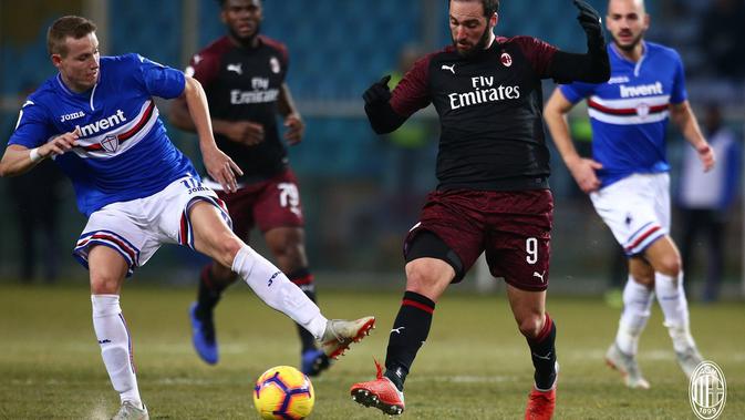 Gonzalo Higuain berusaha melewati hadangan pemain Sampdoria. (dok. AC Milan)