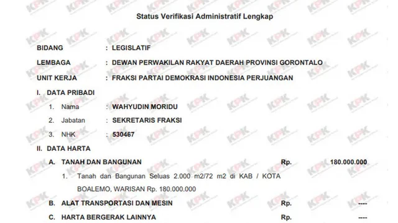 LHKPN Wahyudin Moridu. Foto LHKPN KPK