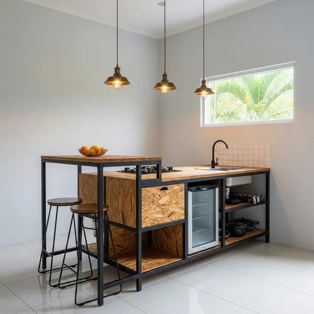 Dapur Terbuka 2x3 Meter Rumah Type 45 dengan Meja Island Multifungsi